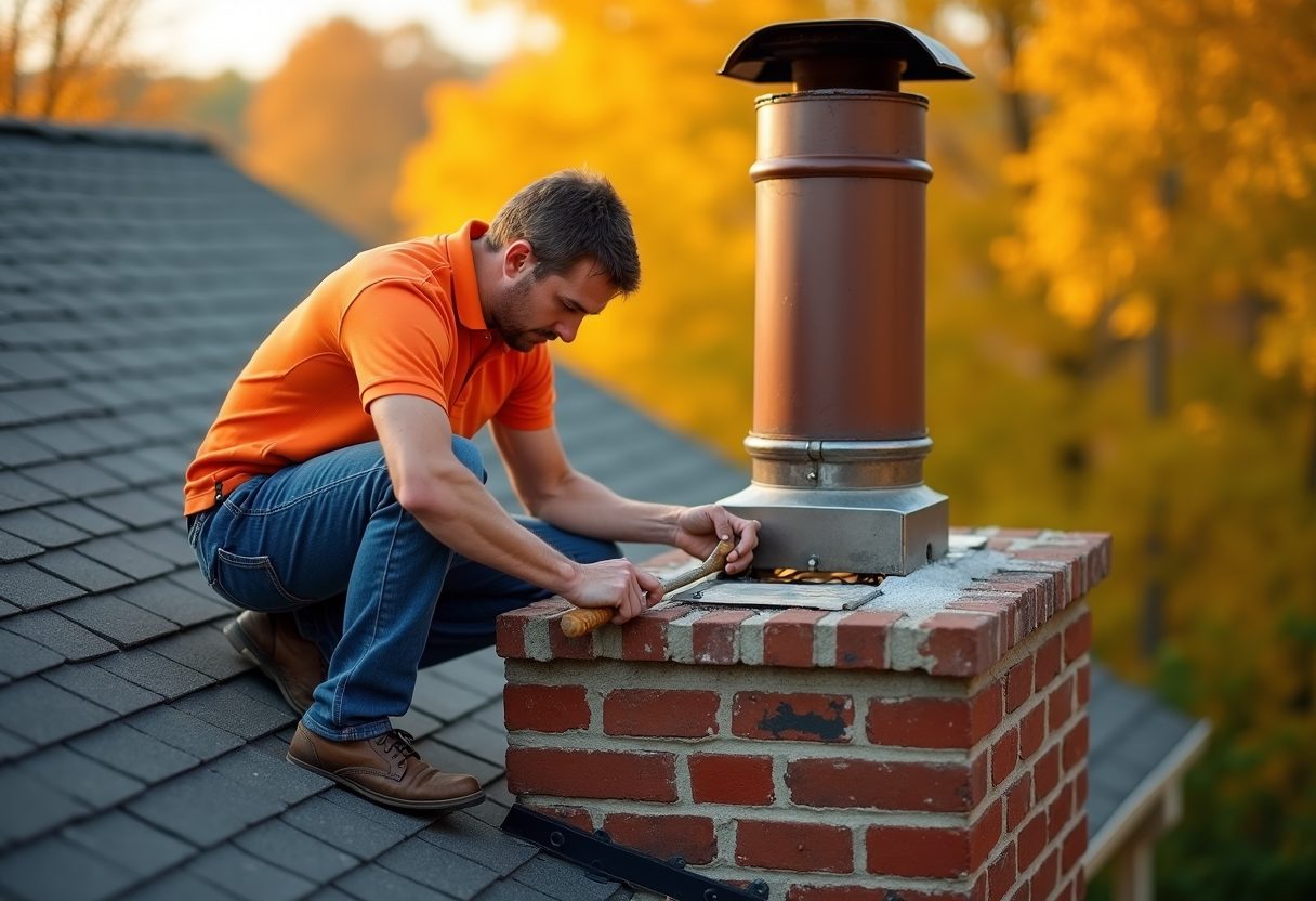 Technician repairing a brick chimney crown — College Park